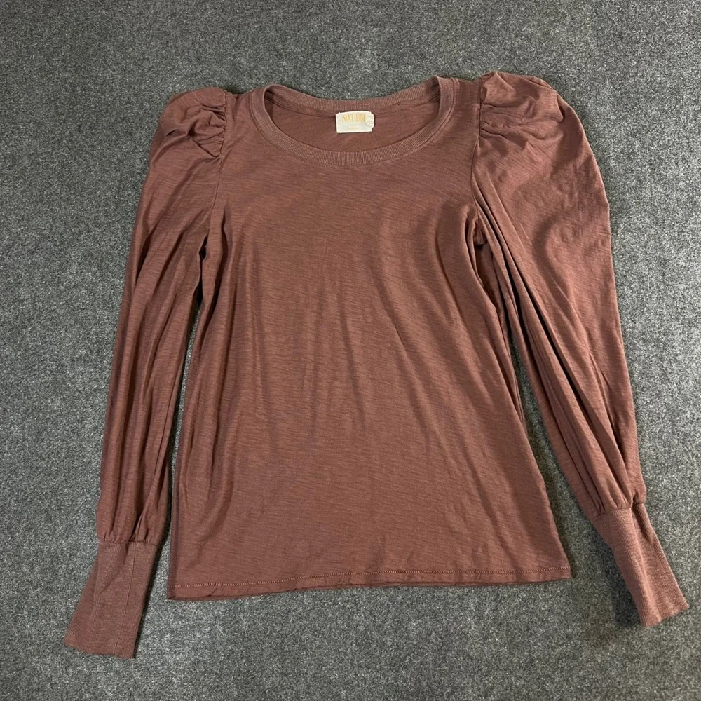 Nation LTD Womens Pima Cotton Puff Sleeve Top Mauve Brown Small